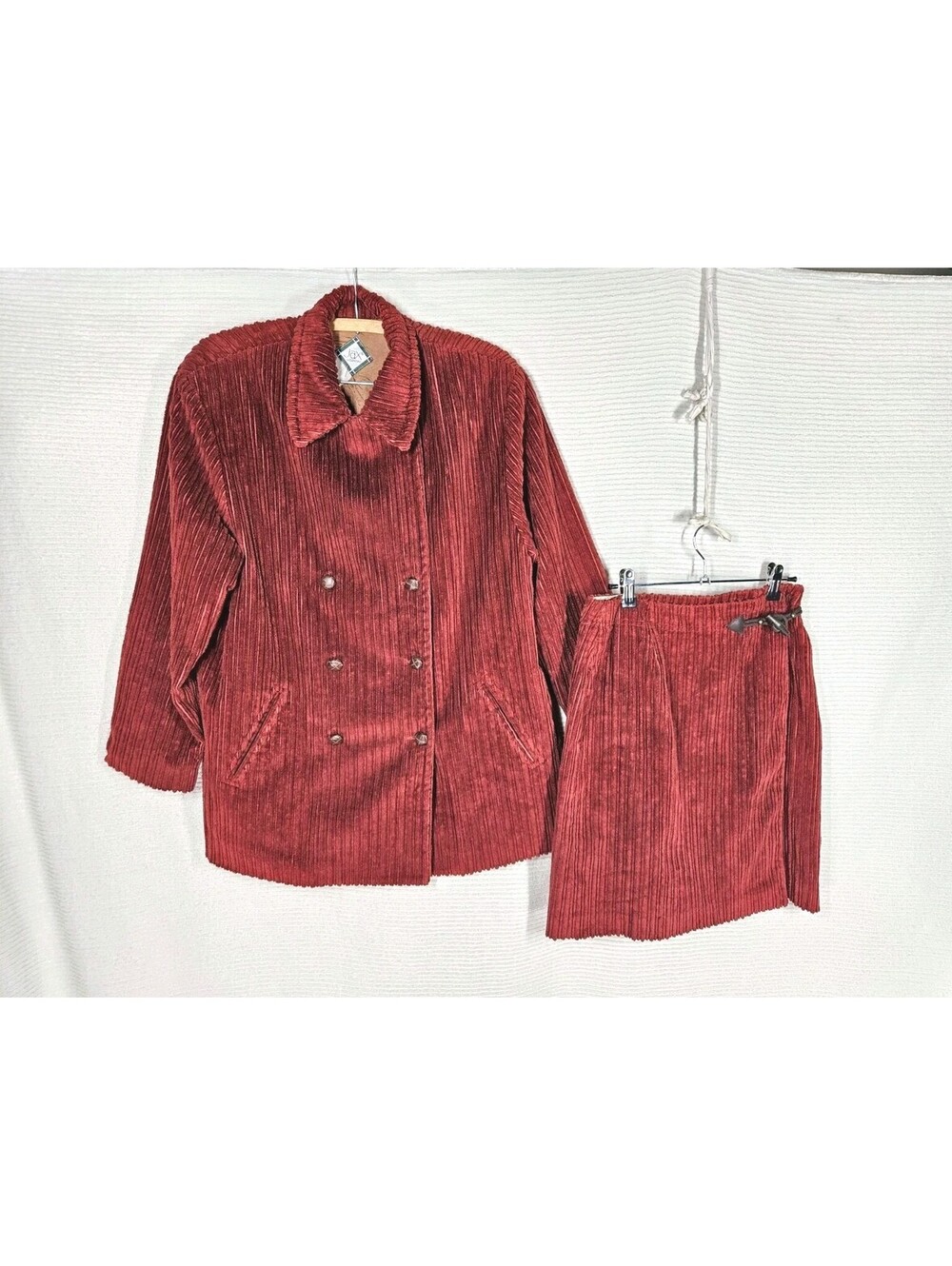 Vintage 1970s Corduroy Pea Coat & Wrap Skirt Set Mod Wide Wale Rust Brown w30 M